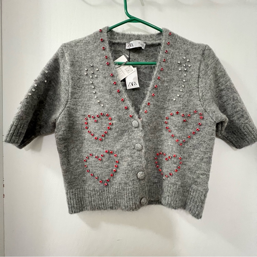 Zara Grey HEART BEADED KNIT CARDIGAN Size Large - Picture 8 of 9